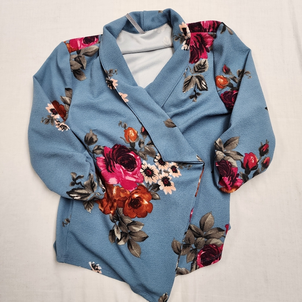 Moa Collection Women's Small Long Sleeve Open Front Blazer Blue Floral Pattern